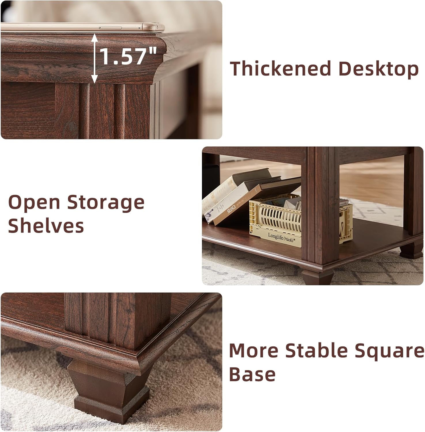 SAVOR LIFE Farmhouse Coffee Table Set of 3,Rustic Wooden Living Room Table Set,Large Coffee/End Side Tables with Open Shelf for Living Room,Walnut