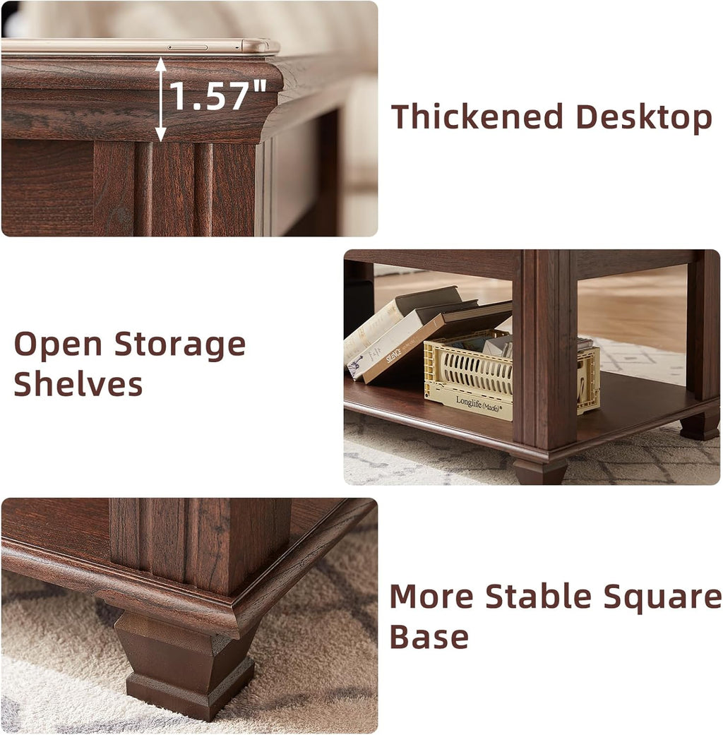 SAVOR LIFE Farmhouse Living Room Table Set,Rustic Wooden Coffee Table Set of 3,Large Coffee/End Side Tables with 2 Drawers for Living Room,Walnut