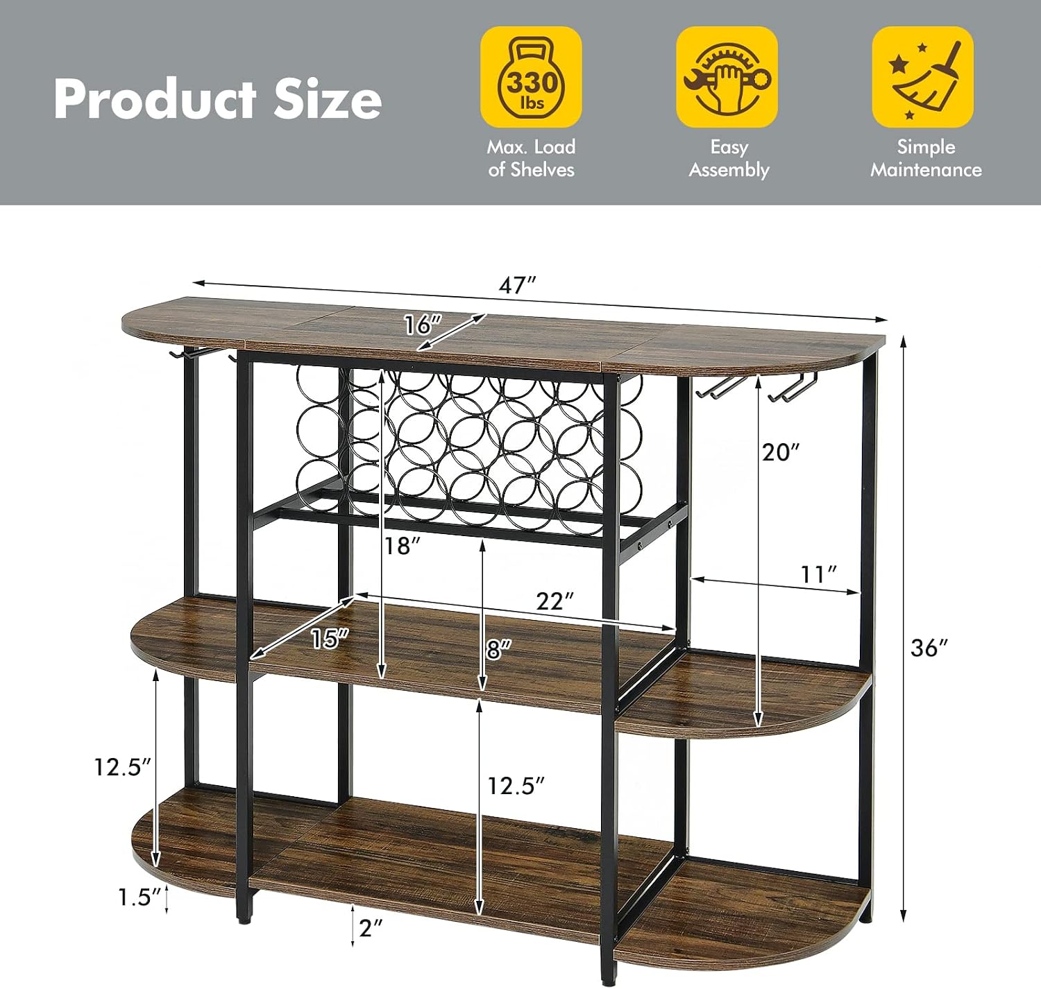 LOKO Wine Rack Table, 47 Inches Industrial Wine Bar Cabinet with Wine Rack & Glass Holders, Freestanding Floor Bar Storage Cabinet for Liquor and Glasses for Home Kitchen Dining Room (Rustic Brown)