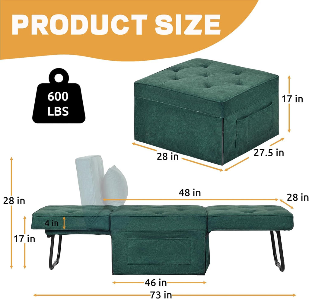 4-in-1 Multi-Functional Convertible Sofa Bed, Foldable Ottoman Sleeper Chaise with Adjustable Backrest, Modern Linen Convertible Futon Sofa Couch for Living Room (Green-28.7''D)