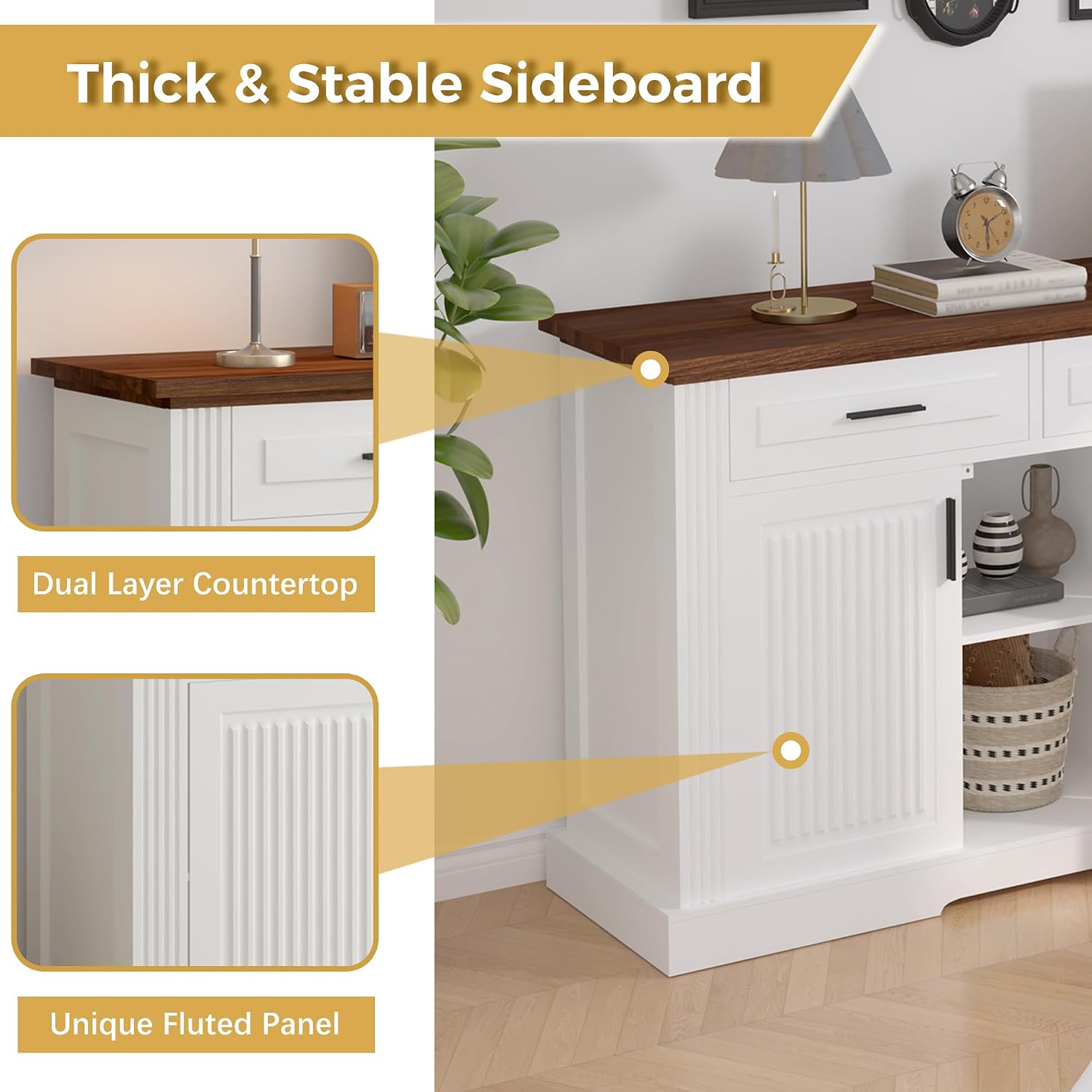 63" Fluted Sideboard Buffet with 4 Doors & 3 Drawers, Large Modern Farmhouse Accent Credenza with Adjustable Shelves for Kitchen, Dining Room, Living Room (White)