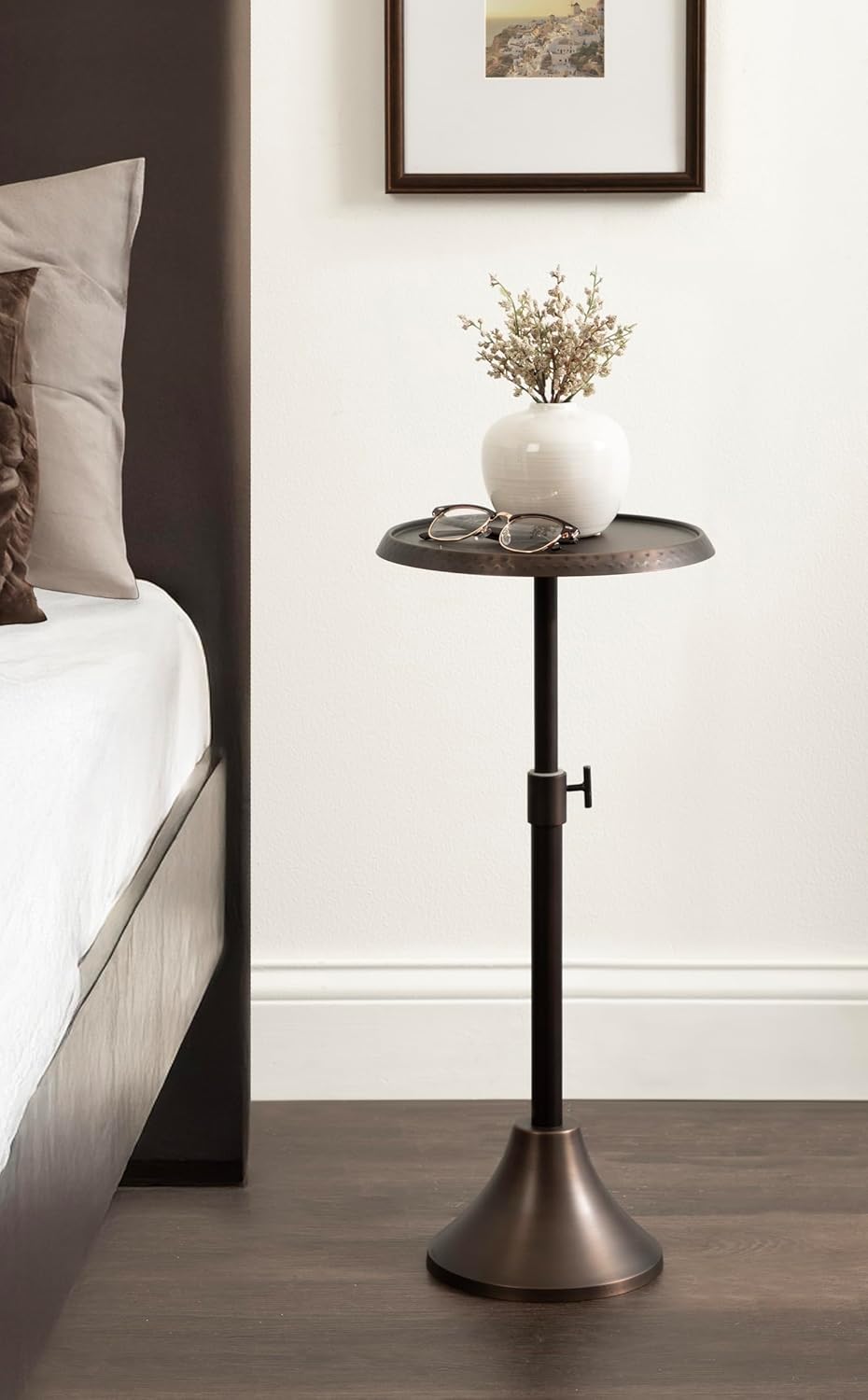 Kate and Laurel Sanzo Traditional Adjustable-Height Pedestal Drink Table, 11 x 11 x 30, Bronze, Vintage Round Indoor Metal Cocktail Table with Hammered Tabletop for Use as Indoor Plant Stand