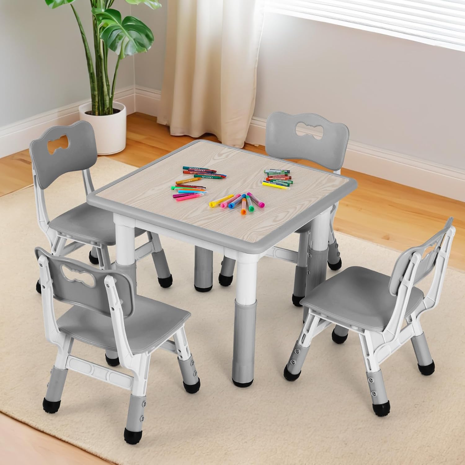 Arlopu Kids Table and 4 Chairs Set, Height Adjustable ((18.9"–23.6"), Anti-Slip Childrens Activity Desk, Wipe-Clean Desktop, Montessori Learning, Drawing for Toddler, Classroom, Home & Daycare (Grey)