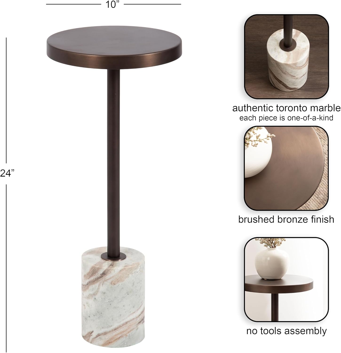 Kate and Laurel Hescott Vintage Metal Drink Table, 10 x 10 x 24, Bronze and Brown Marble, Glam Round Accent Table with Premium Toronto Marble Base and Metal Tabletop