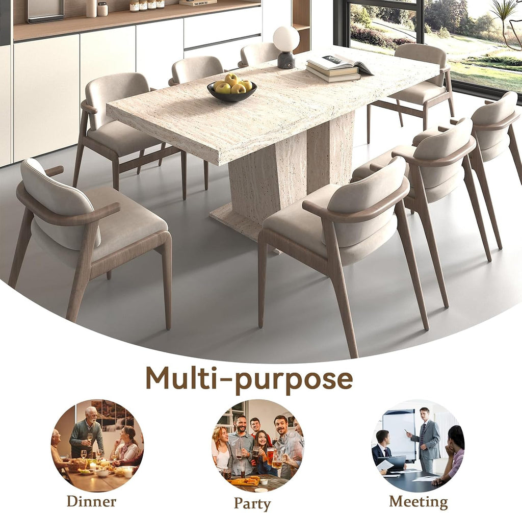 78.74" Rectangular Extendable Dining Room Table for 6 8 10, Modern Faux Travertine Farmhouse Wooden Kitchen Conference Expanding Table with Dual Columns Base, Long Large Expandable, White Oak