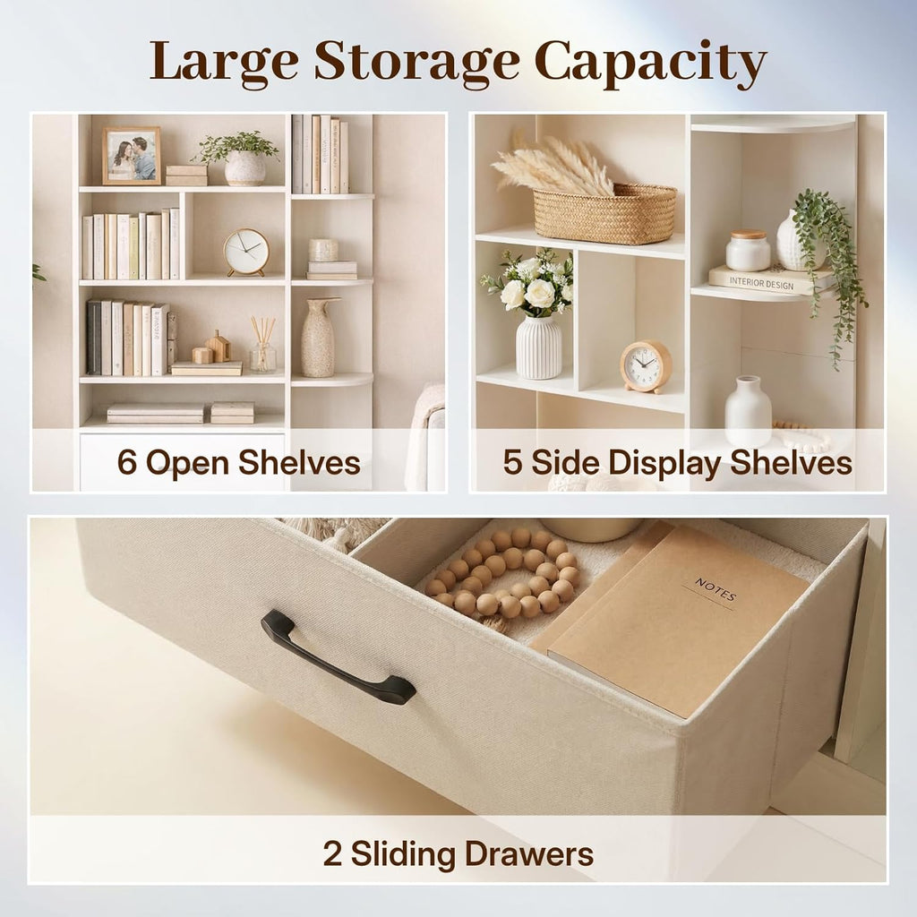 NORTHSKY Book Shelf with 2 X Fabric Drawers, 5-Tier Tall Bookshelf, Modern Wood Storage Organizer with Open Shelves for Living Room Bedroom Home Office, White