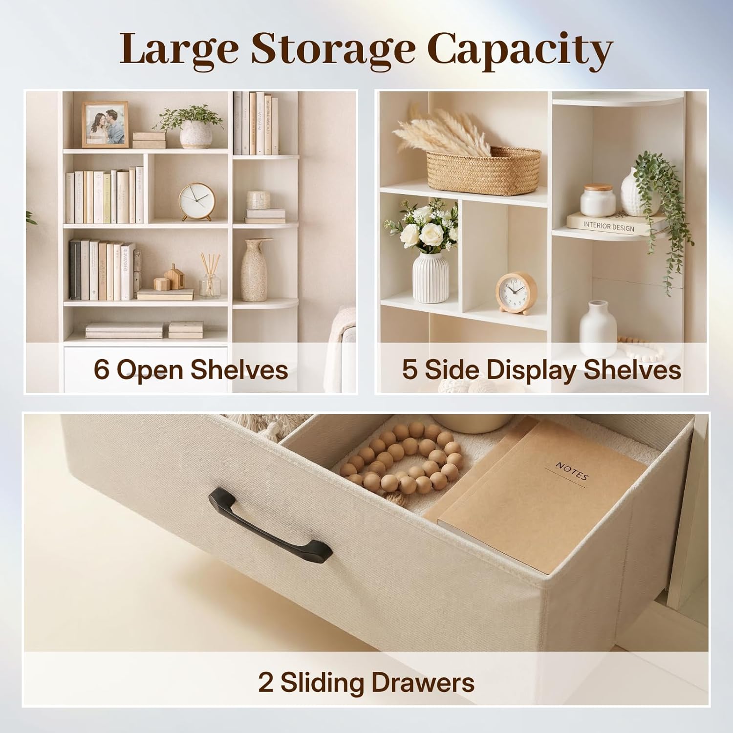 NORTHSKY Book Shelf with 2 X Fabric Drawers, 5-Tier Tall Bookshelf, Modern Wood Storage Organizer with Open Shelves for Living Room Bedroom Home Office, White