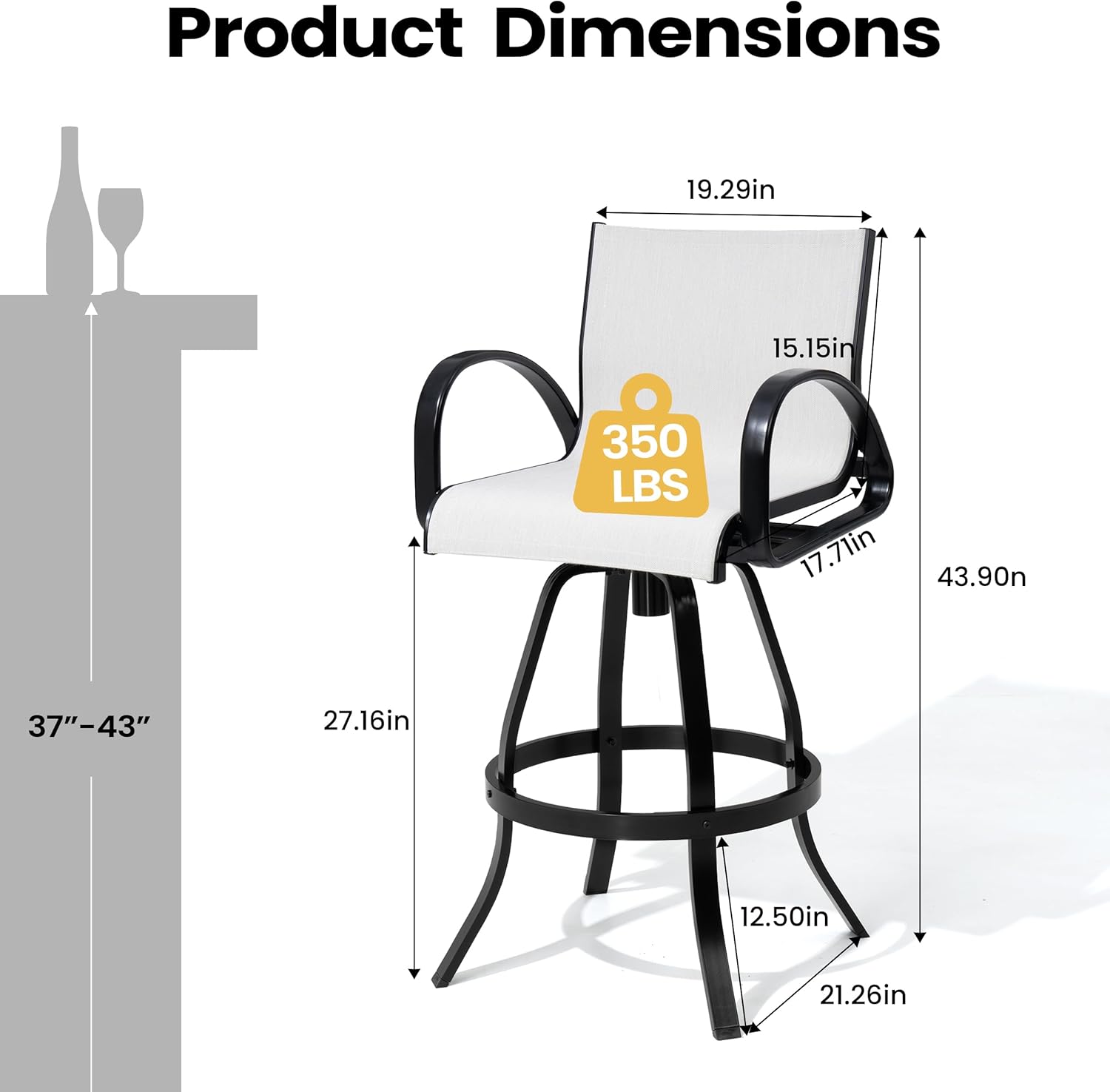 Pellebant 30" Aluminum Outdoor Bar Stools Set of 2, Sunbrella Swivel Patio Bar Height Bar Stools with Back & Footrest, Rust-Proof Patio Bar Stools for Deck Lawn Garden, White