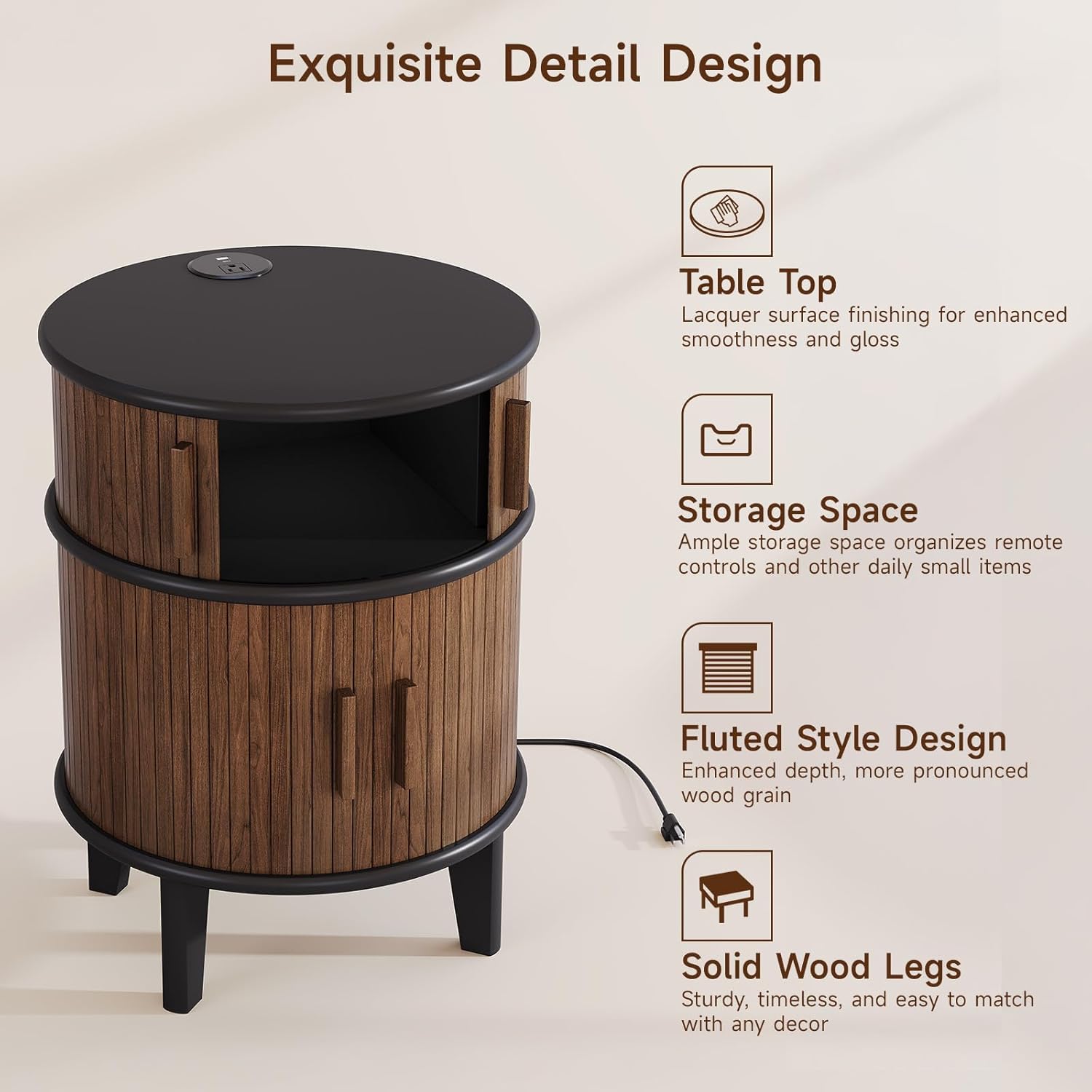 ONBRILL Fluted Round End Table with Storage, Mid-Century Modern Side Table with Charging Station, Small Wood Nightstand Bedside Table for Small Space Sofa Couch Bedroom Living Room (Walnut)