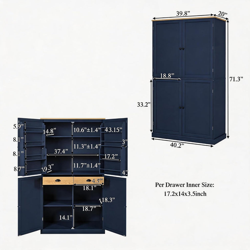 71.3" Kitchen Pantry Cabinet, Freestanding Cupboard, Blue | Painted MDF, 8 door shelves, 2 adjustable shelves, 2 slide-out compartments, anti-tip kits, 40.2"L x 20"W x 71.3"H