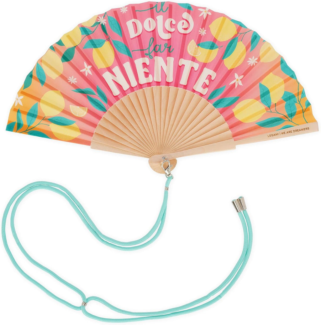 LEGAMI – Folding fan ¡Que Calor! Dolce Far Niente, detachable and adjustable drawstring with matching design, made of polyester, wooden handle, 3.6 x 23 cm