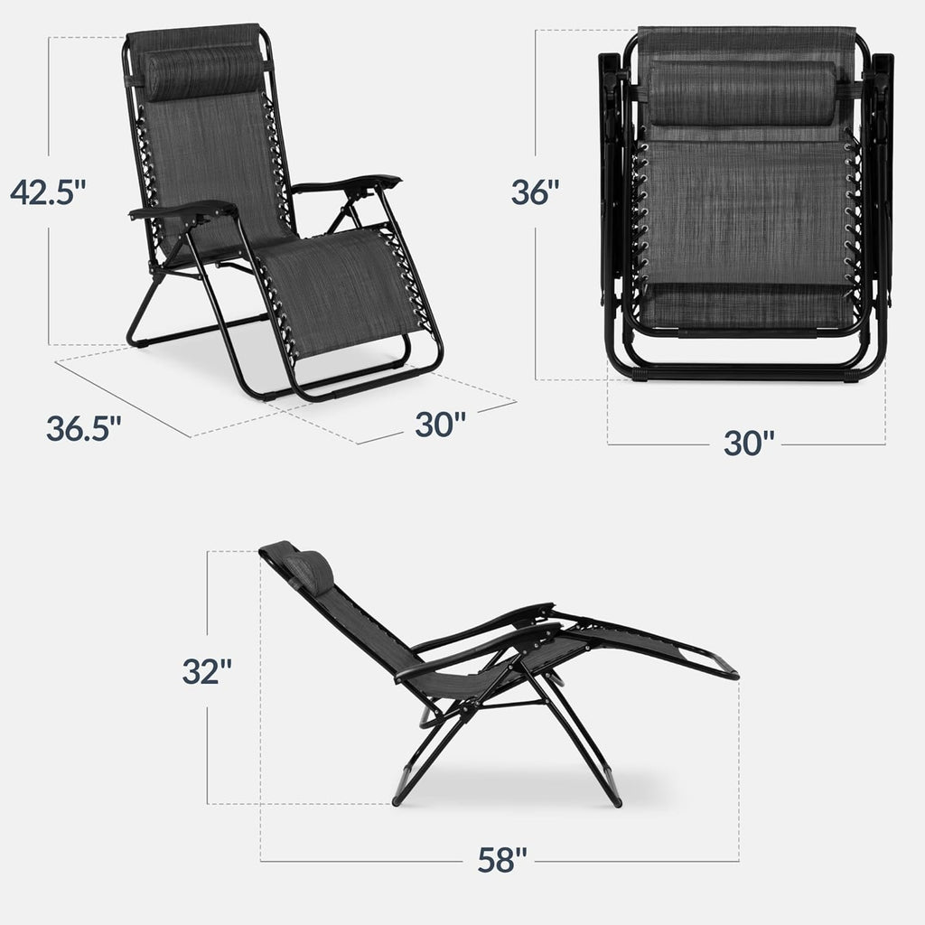 Best Choice Products Set of 2 Extra Wide Adjustable Steel Mesh Zero Gravity Lounge Chair Recliners w/Pillows and Cup Holder Trays - Gray