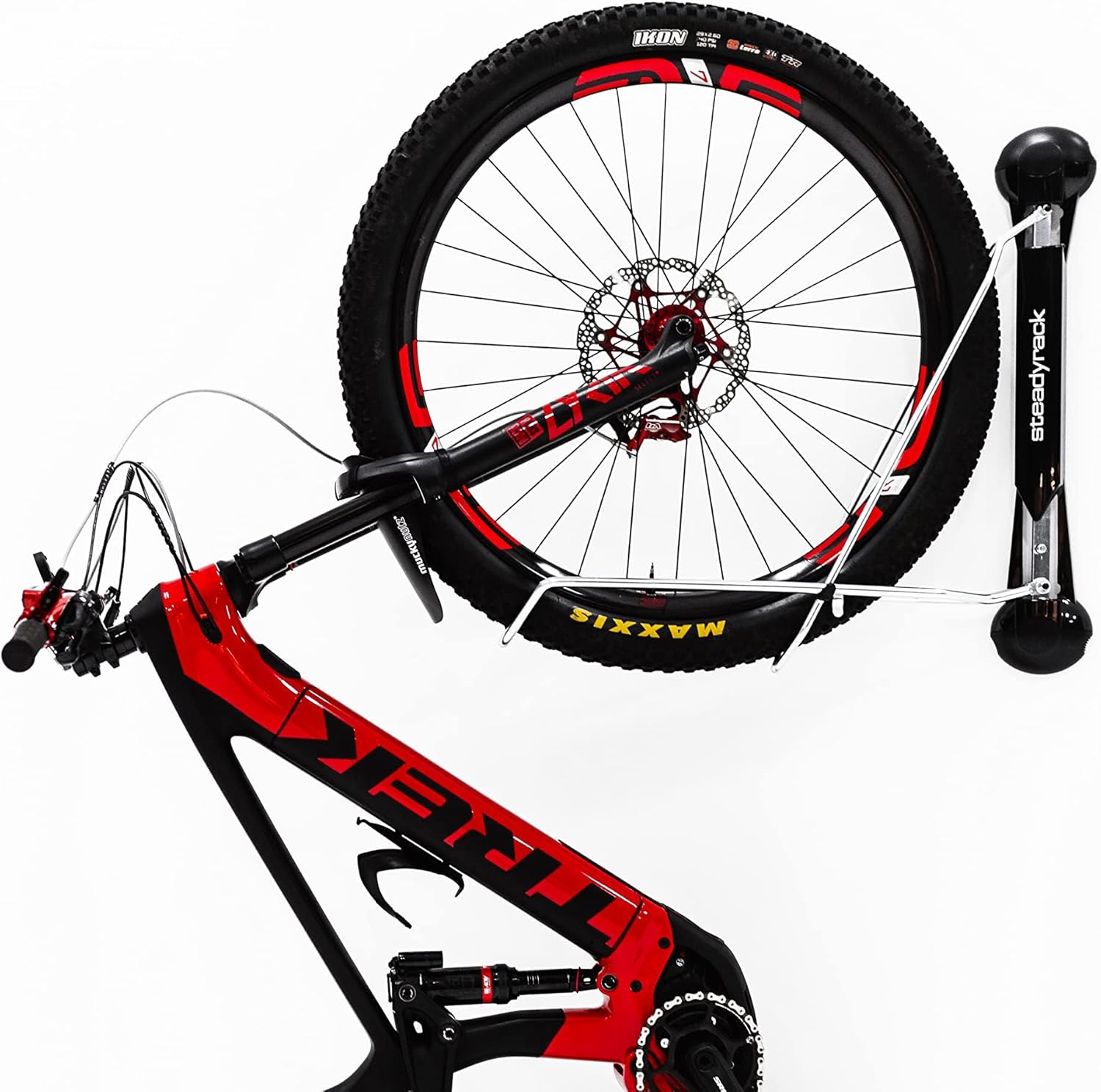 Steadyrack Bike Rack – Pivoting Mountain Bike Rack, Holds Up to 77 lbs, Fits 24"-29" Wheels, 2.1"-2.8" Tires, Foldable Wall Mount for Space-Saving Bicycle Storage