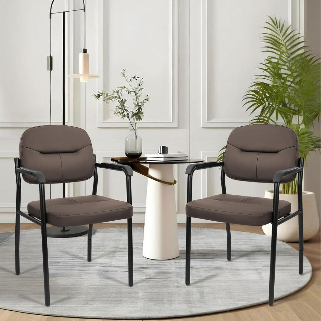 CLATINA Leathert Reception Chair No Wheels, Office Guest Chair with Padded Armrests and Lumber Support, Ergonomic Arm Chair for Meeting Waiting Conference Lobby Room Shool Study, Brown, 4PK