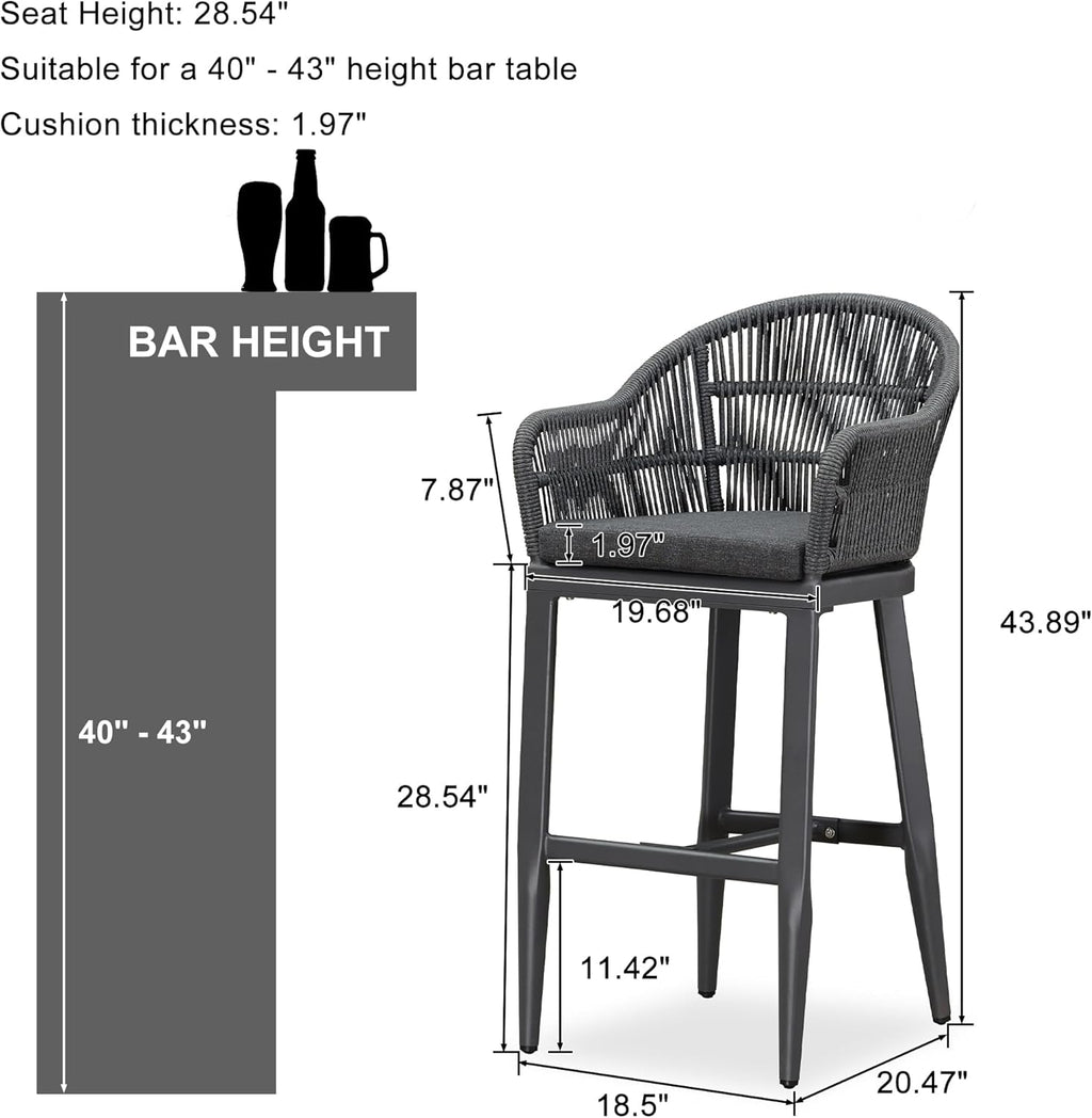 PURPLE LEAF Outdoor Bar Height Stools Set of 2 Patio Metal Modern Wicker Rattan Bar Chairs Woven Aluminum Barstools with Back and Cushions for Balcony Garden Indoor Kitchen Outside Gray