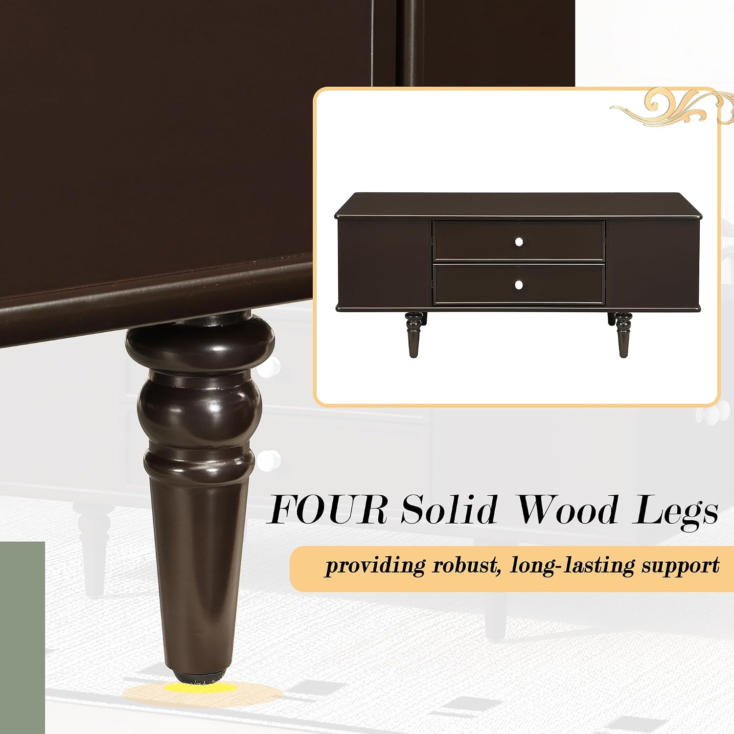 Modern Coffee Table with 4 Drawers, Hidden Side Table Compartments, Interior Shelves, Solid Wood Legs & Durable MDF Structure, End Table for Living Room, Kitchen, Dining Room & Bedroom, Easy Assembly