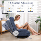 Linen Fabric Ergonomic Gaming Chair, 6-Position Reclining Sofa Bed with Lumbar Support, Foldable Floor Lounger with Thick Cushion, Armrests & Side Pockets for Esports, Reading, Napping (Blue)