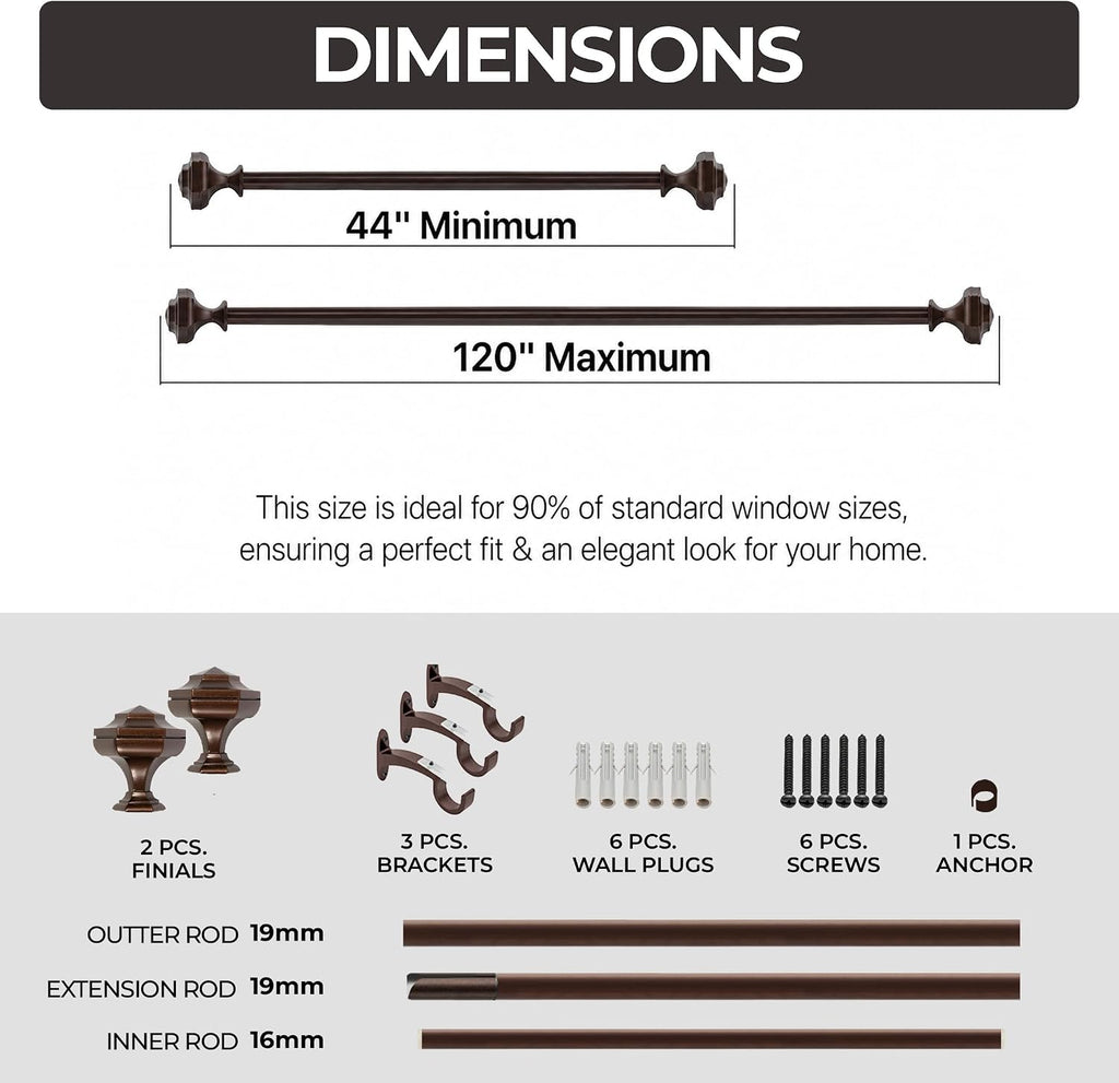 Deco Window Curtain Rods for Windows 44 – 120 Inch, 3/4 Inch Heavy Duty Extendable Metal Drapery Rod, Adjustable Curtain Rod with Decorative Hexagon Finials for Living Room Bedroom, Brown Oil Rubbed