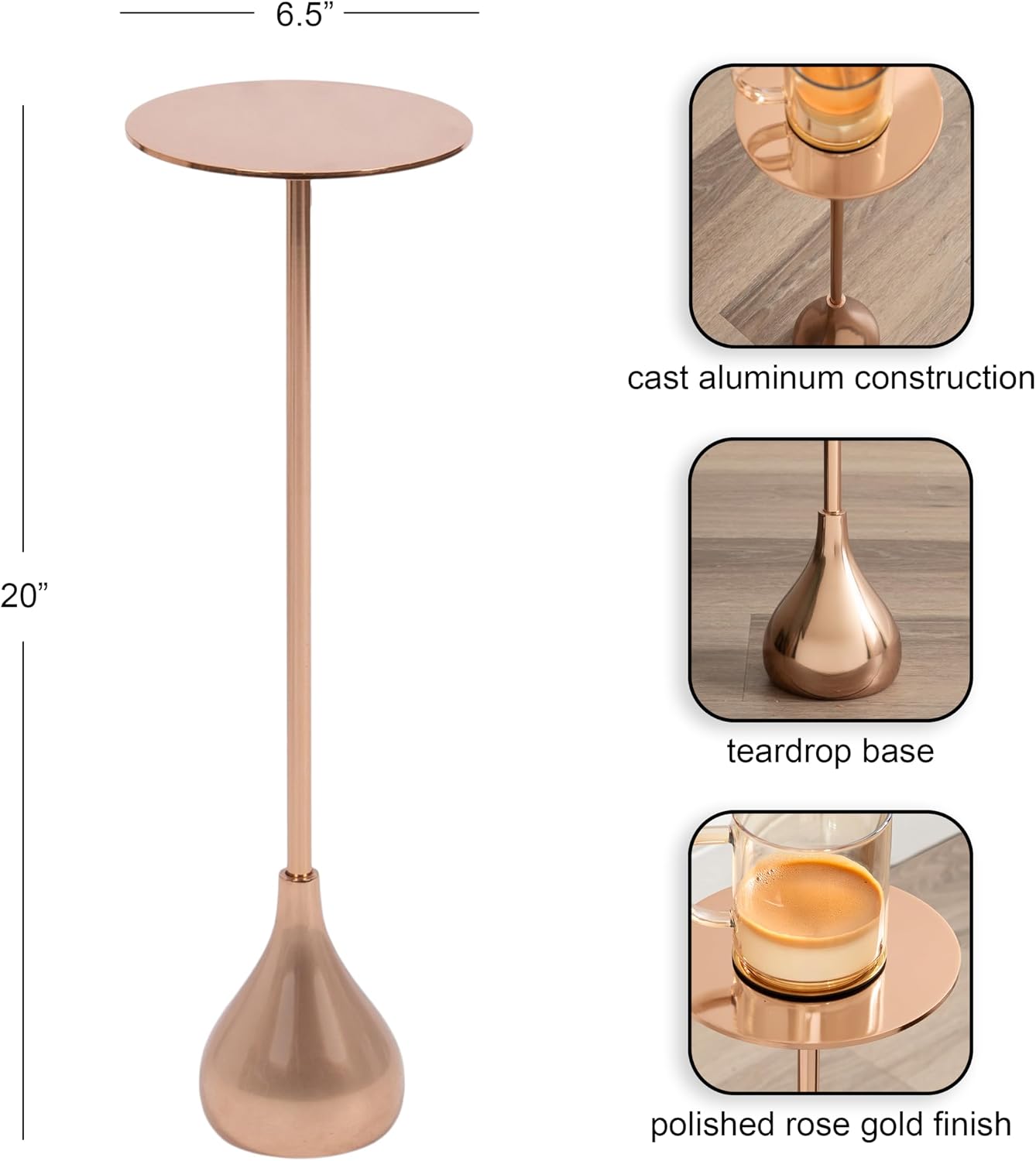 Kate and Laurel Hersi Decorative Modern Pedestal Drink Table, 7 x 7 x 20, Rose Gold, Cast Aluminum Mini Table with Teardrop Base for Use as Small Plant Stand or Living Room Martini Table