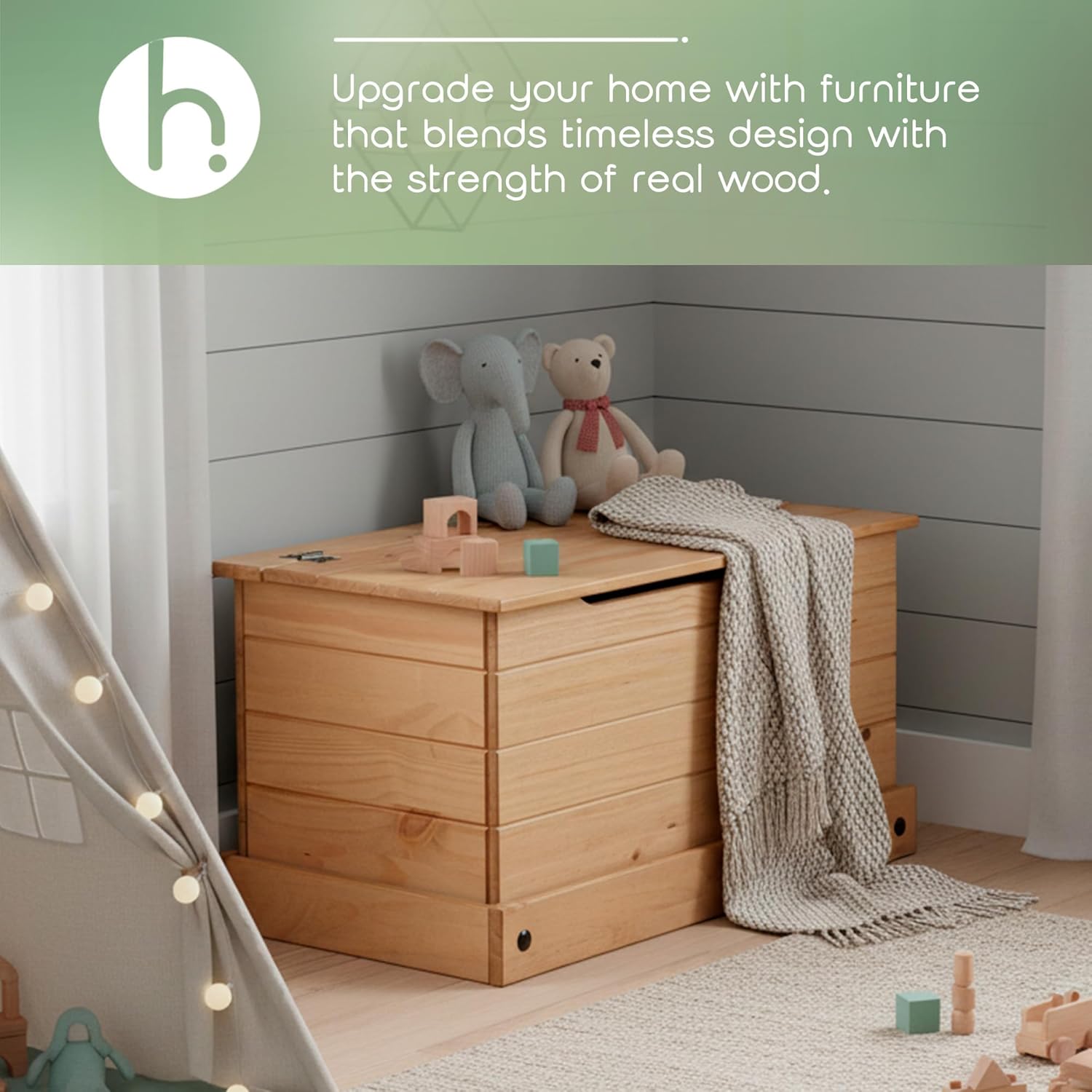 Corona Storage Chest with Lid – Natural Wood Trunk for Entryway, Bedroom, or Living Room – Safe-Stay Hinged Top for Easy Access