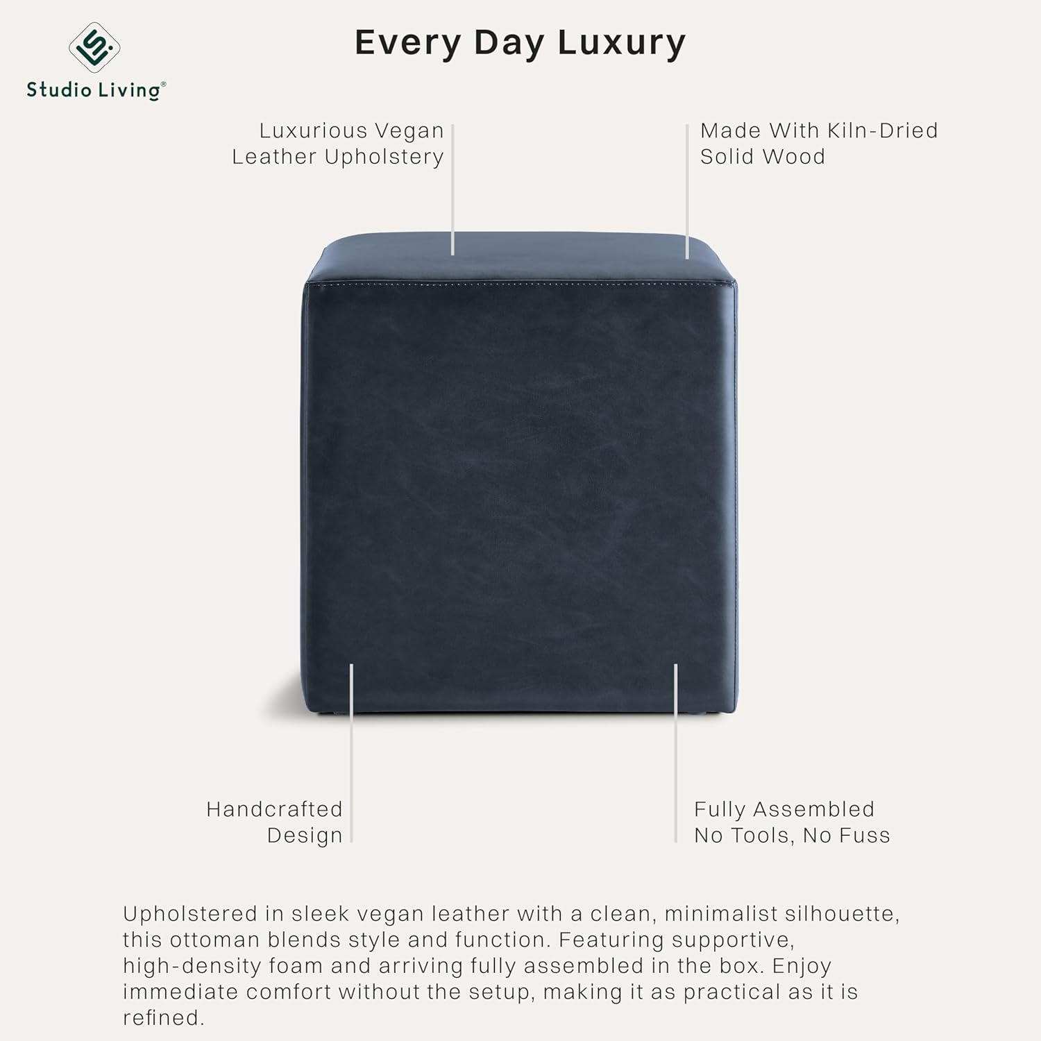 Studio Living® 18” Warren Ottoman Square Faux Leather Bench, Stationary Ottomans, Backless Chair, Footrest for Living Room, Footstool Office, Bedroom, Padded Seat, Navy Blue