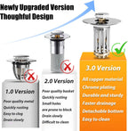 Anlige Bathroom Sink Drain Strainer, 3 in 1 Pop Up Bathroom Sink Stopper with Removable Brass Basket Hair Catcher, Universal Sink Plug for 1.06 to 1.6in Drain Hole, Chrome Silver