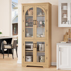 70" Kitchen Pantry Storage Cabinet - Modern Display Pantry Storage with 4 Arched Glass Doors and Adjustable Shelves, Versatile Cupboard Organizers for Kitchen, Dining Room, Living Room, Natural