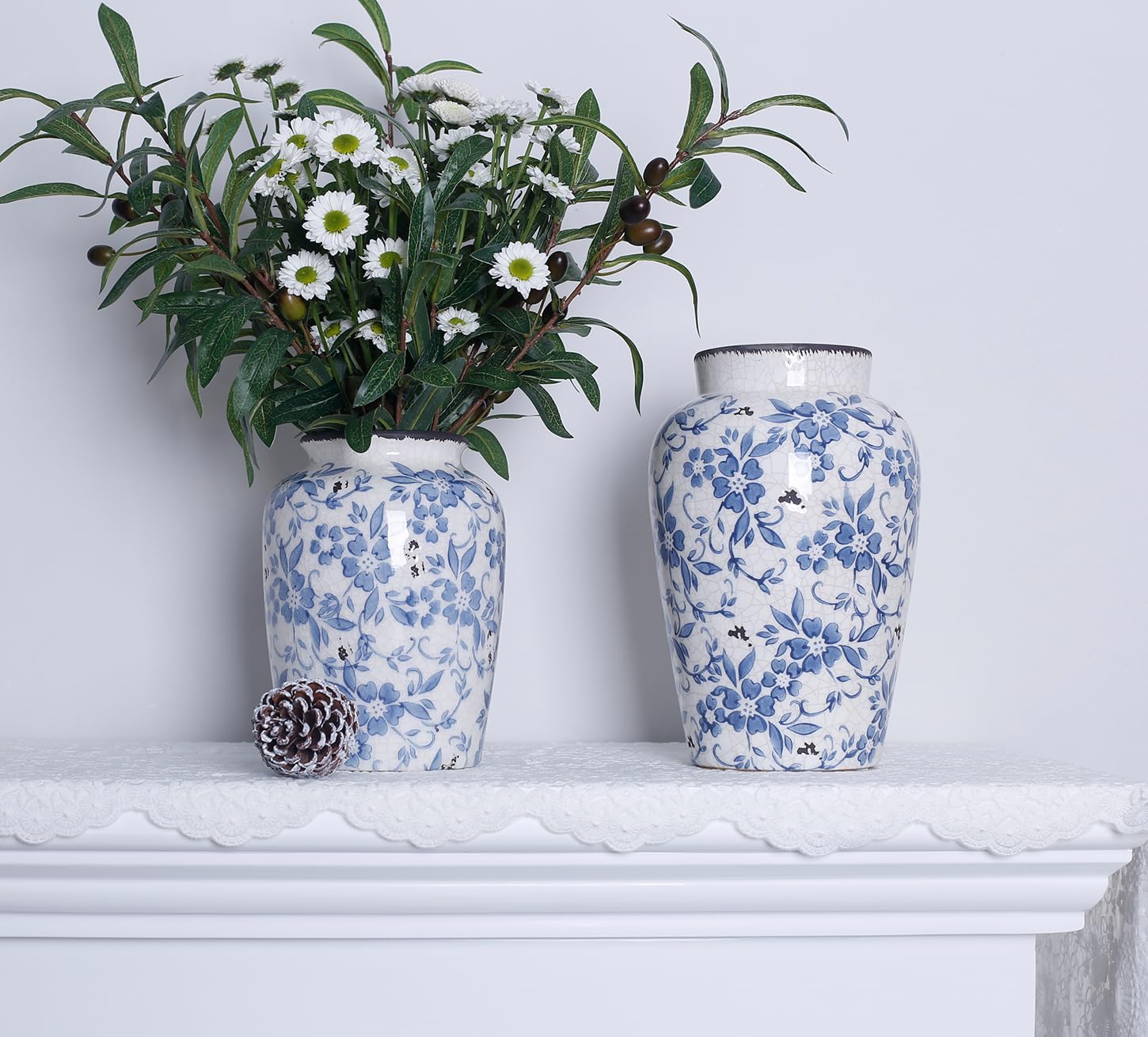 Light Blue White vase Flower Ceramic Porcelain Vintage Chinoiserie Floral French 8" H