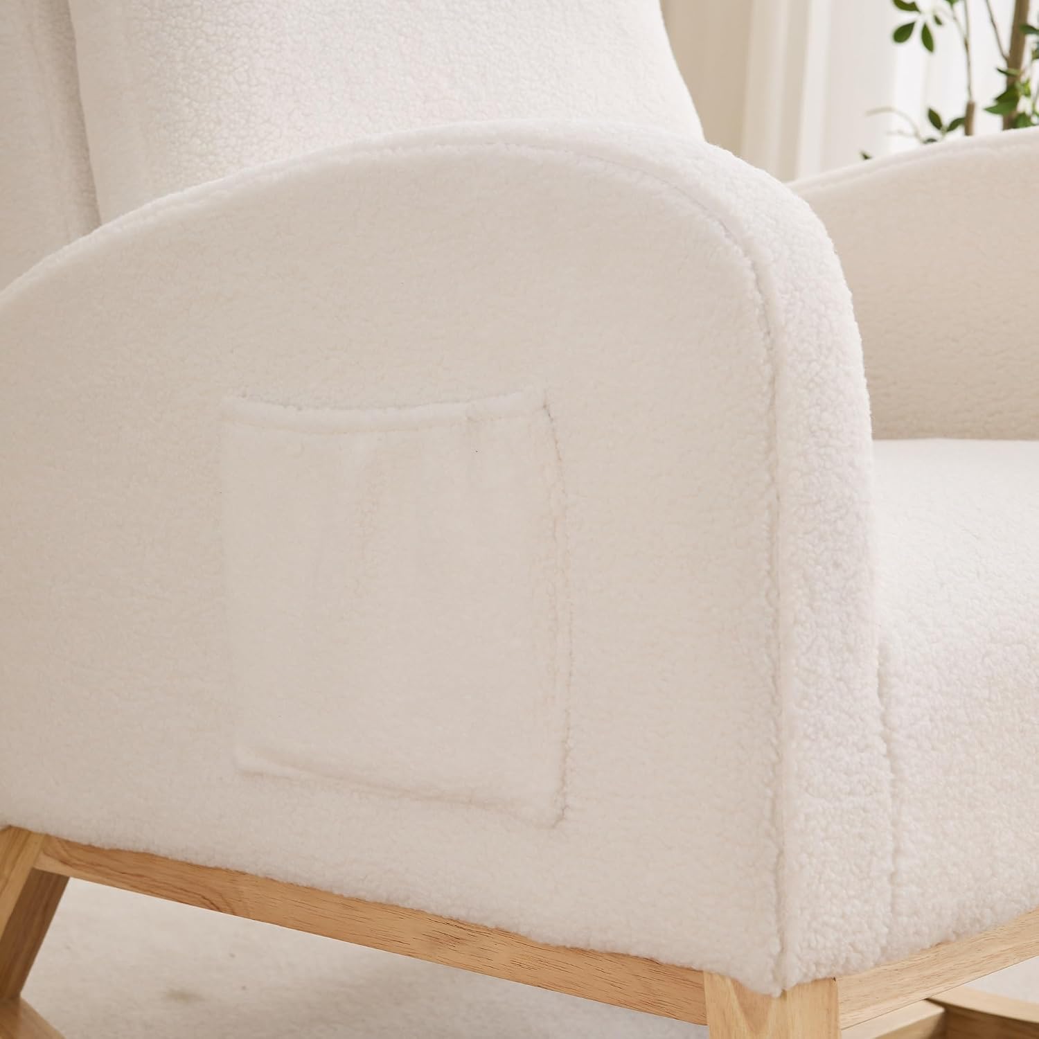 27.2" W Sherpa Glider Chair for Nursery – High Back Rocking Accent Armchair with Side Pockets & Rubber Wood Legs – Ivory Comfort Chair for Living Room, Bedroom