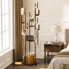 Rotary Coat Rack Freestanding, Solid Wood Coat Tree with 9 Hooks & 3 Storage Shelves for Purse Bag Hat Jacket, Corner Hanger Stand for Entryway Hallway Office Bedroom
