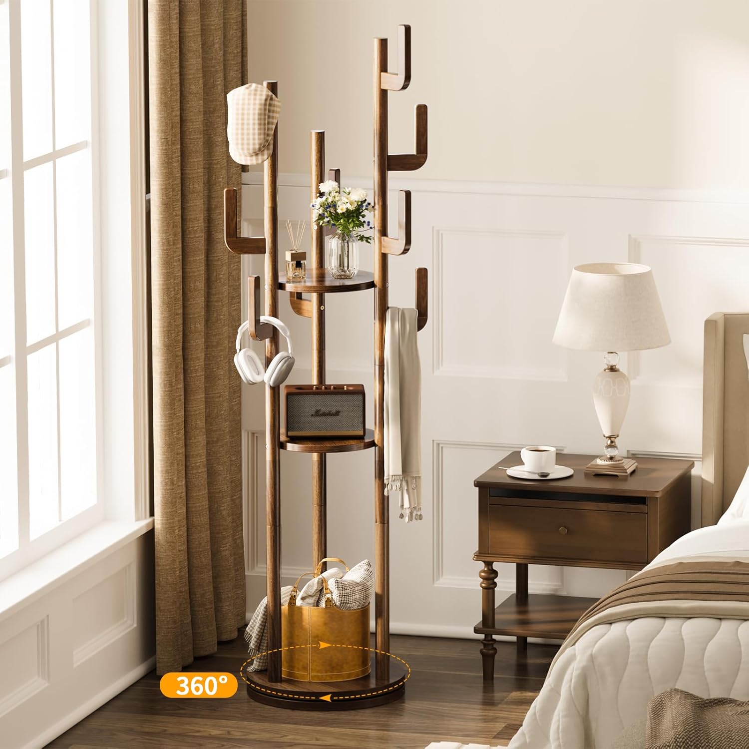 Rotary Coat Rack Freestanding, Solid Wood Coat Tree with 9 Hooks & 3 Storage Shelves for Purse Bag Hat Jacket, Corner Hanger Stand for Entryway Hallway Office Bedroom