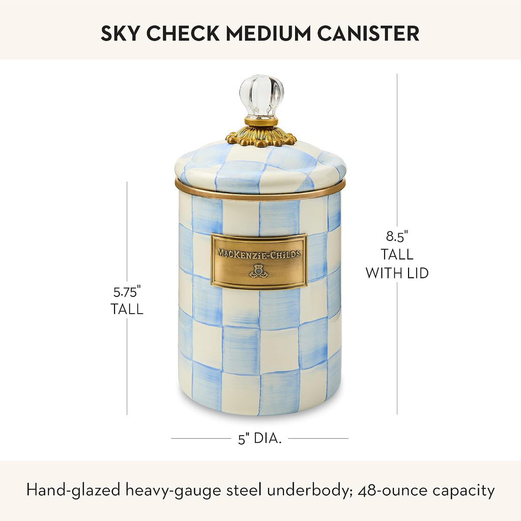 MACKENZIE-CHILDS Enamel Canister, Kitchen Storage Container with Lid, Medium, 48-Ounce Capacity, Light-Blue-and-White Sky Check