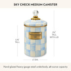 MACKENZIE-CHILDS Enamel Canister, Kitchen Storage Container with Lid, Medium, 48-Ounce Capacity, Light-Blue-and-White Sky Check