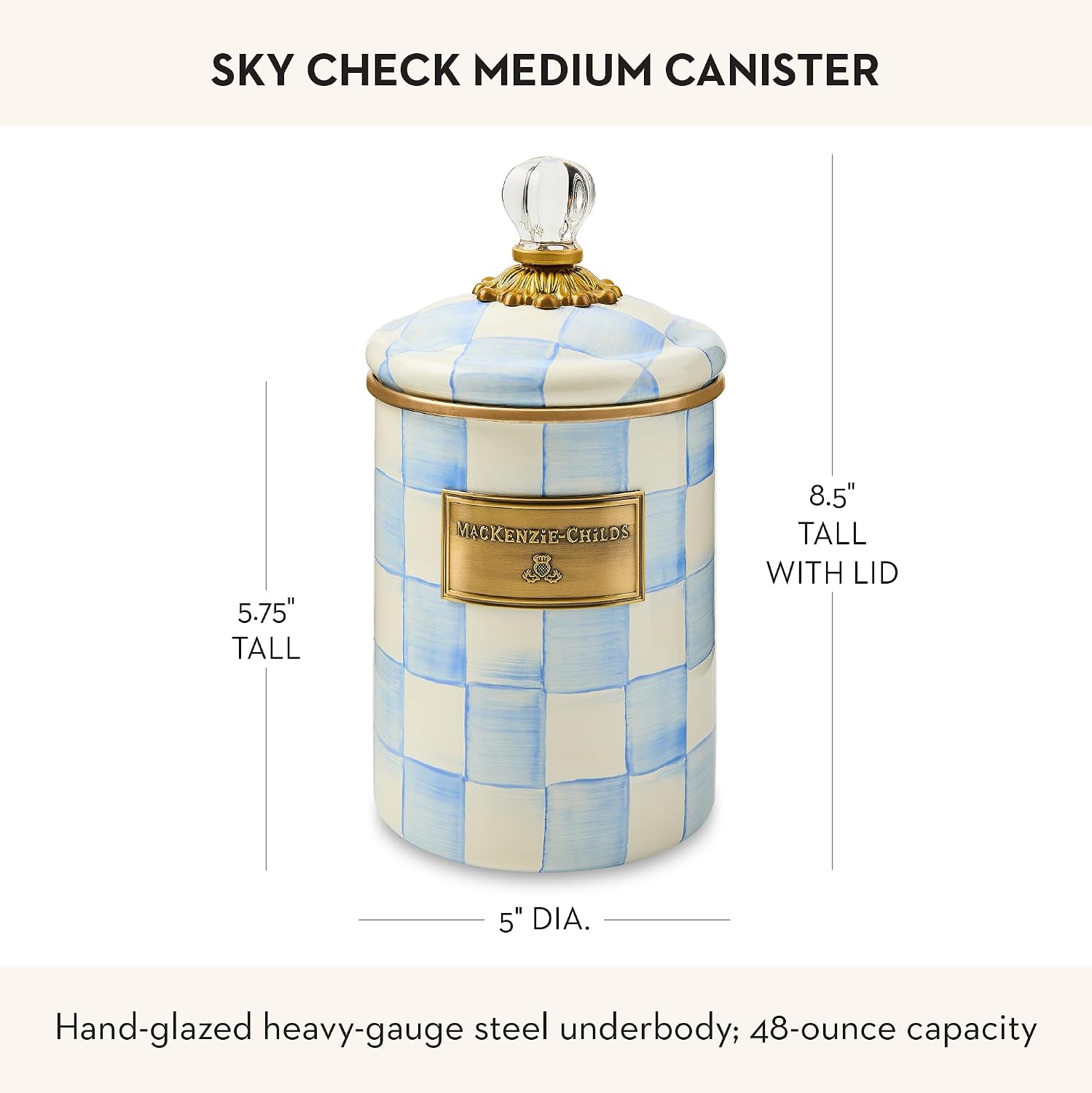 MACKENZIE-CHILDS Enamel Canister, Kitchen Storage Container with Lid, Medium, 48-Ounce Capacity, Light-Blue-and-White Sky Check