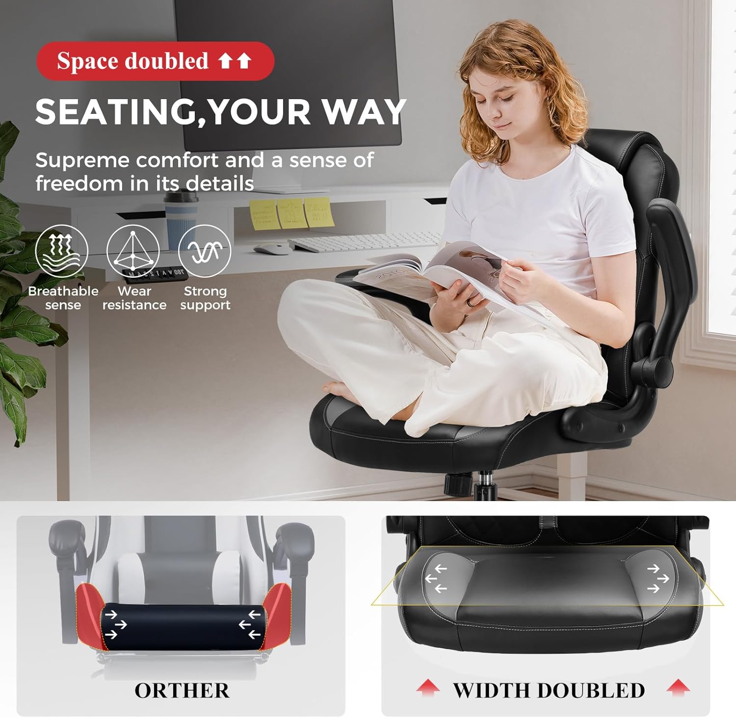 GTPLAYER Office Computer Gaming Chair Ergonomic Desk Chair for Adults with Lumbar Support Flip-Up Arms Adjustable Height Swivel Wheels PU Leather Executive Design for Short People Use, Gray