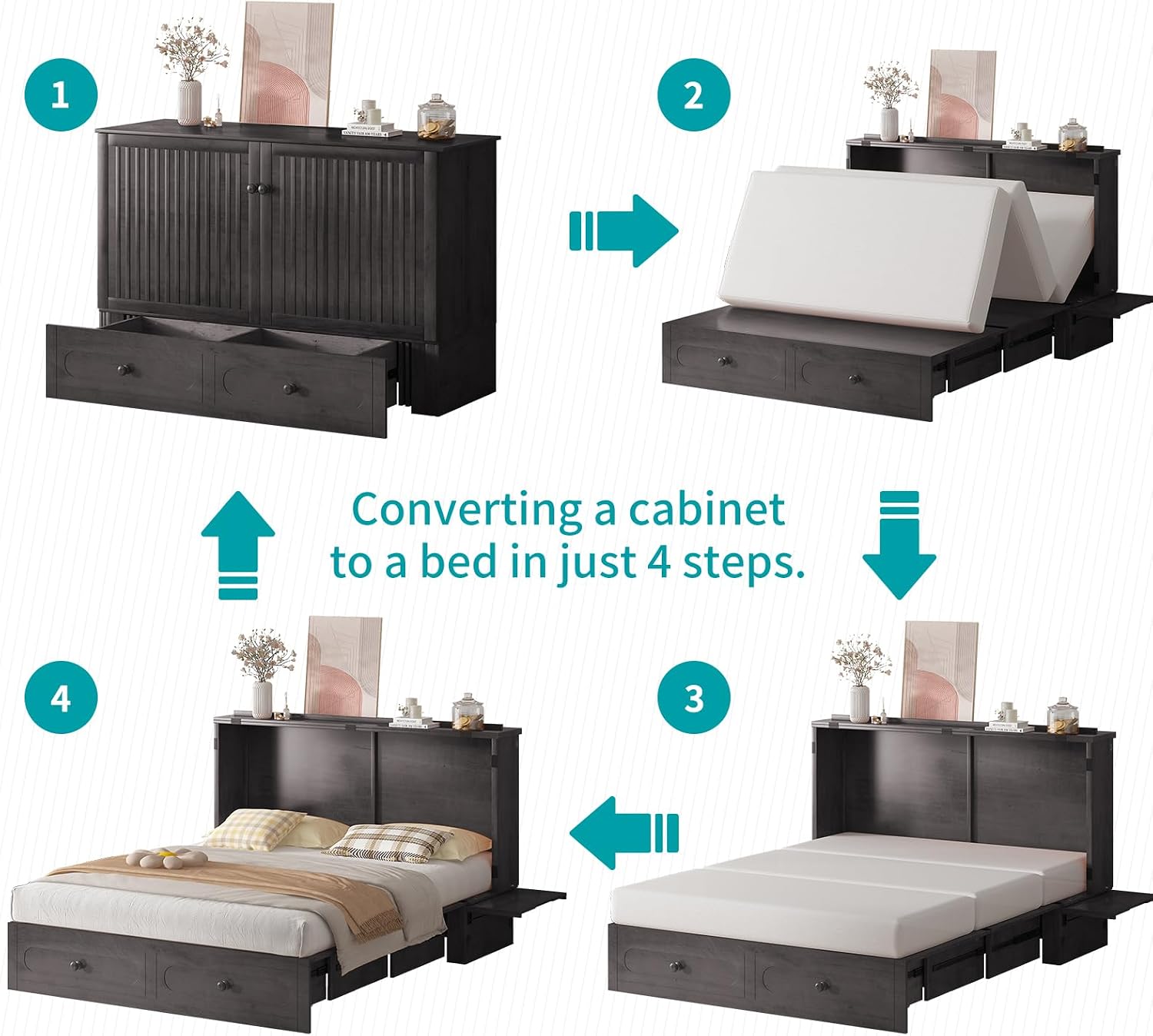 BALUS Queen Murphy Bed with Tri-fold Mattress, USB Charging Station, Murphy Cabinet Bed with Storage Drawer, Space-Saving Hidden Cabinet Chest Beds for Guest Room Living Room, Dark Grey