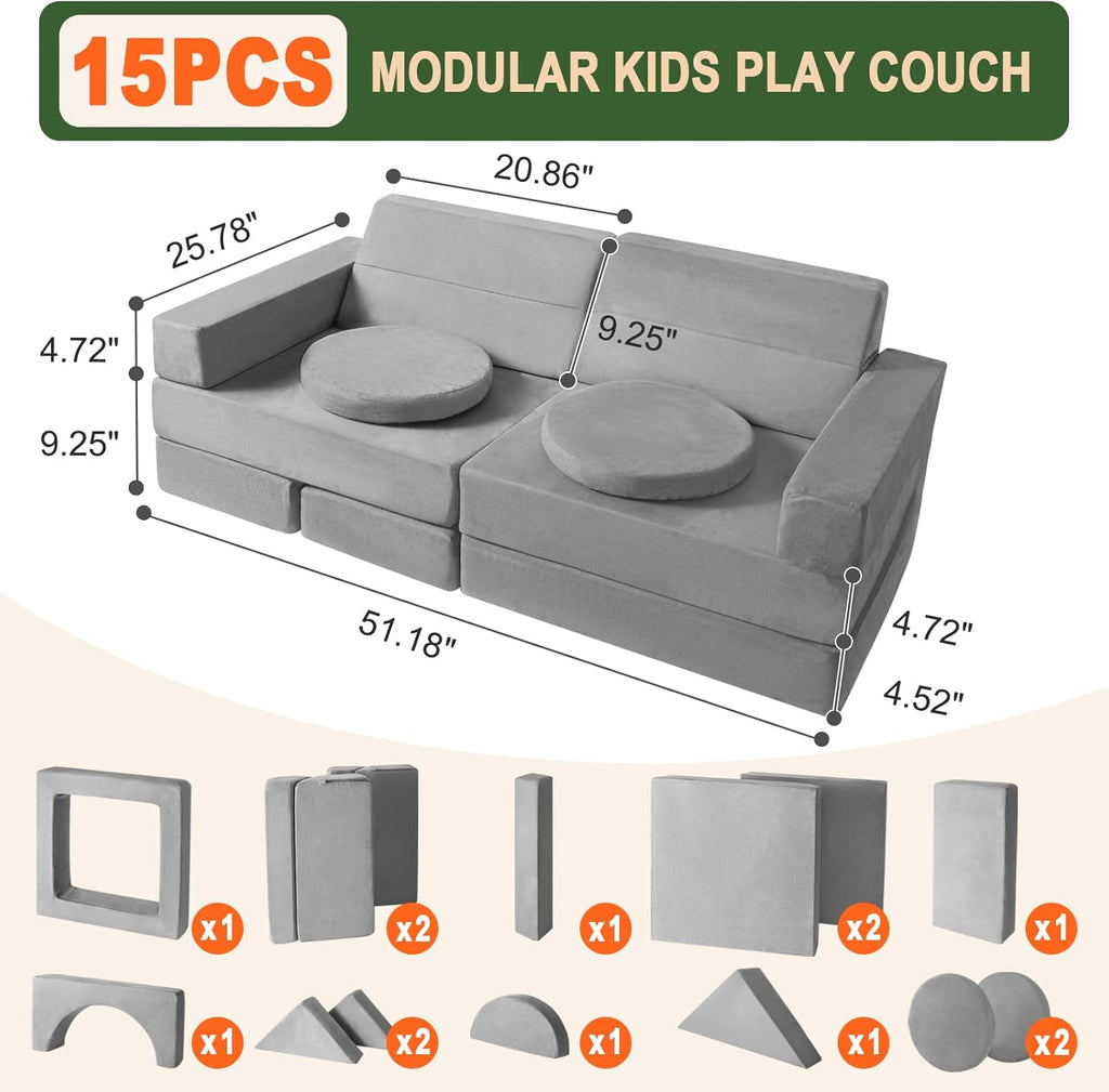 Kids Play Couch 15PCS, Modular Foam Sofa, Convertible Kids Play Set | Kids Play Couch 15PCS, Convertible Kids Furniture, Ideal for Playroom, Reading, Playing and Relaxing