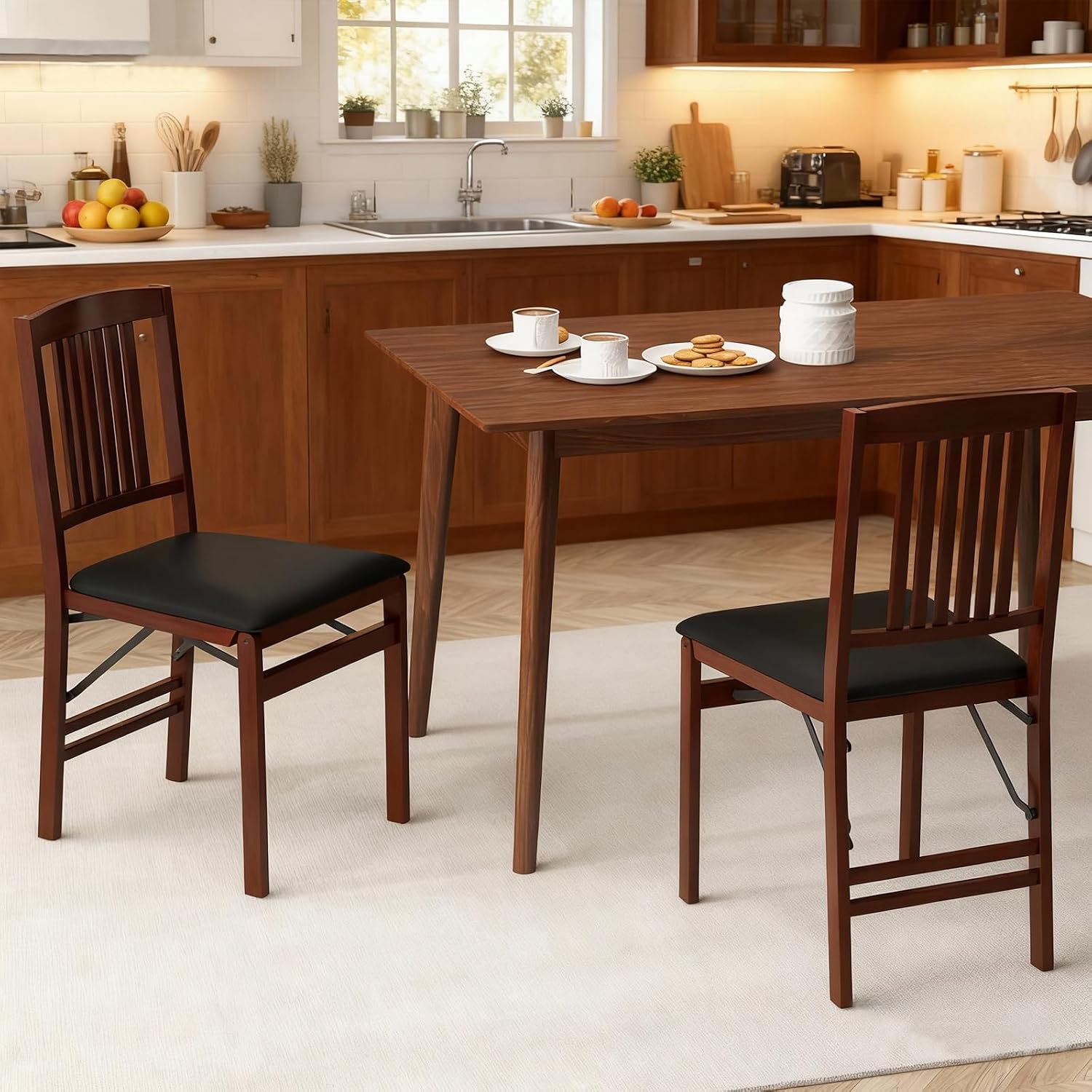 POWERSTONE Folding Dining Chairs Set of 2, Space Saving Foldable Kitchen Chairs with Padded Seat, Slatted Backrest, Solid Wood Frame, No Assembly for Dining Room Apartment Small Spaces