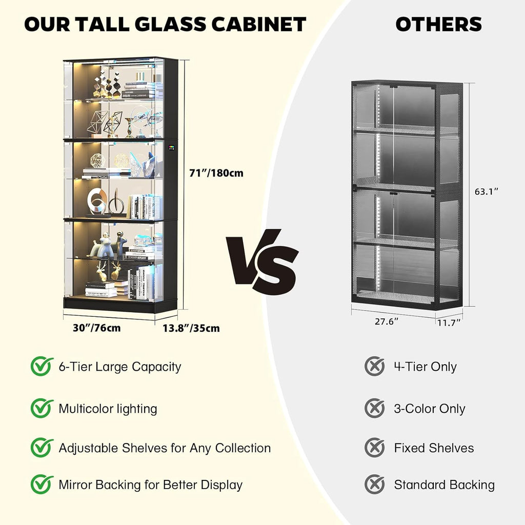 VersionTECH. Display Cabinet with Glass Doors, 6-Tier 71'' Tall Curio Cabinet with RGB Lights for Collectibles, Display Case with Adjustable Glass Shelves, Human Body Sensor, Mirror Backing, Black