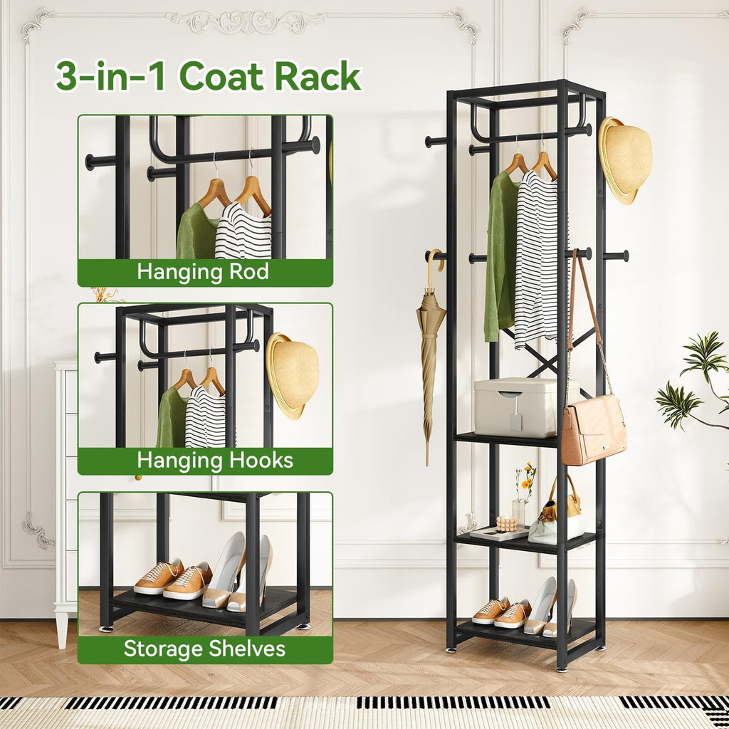IBUYKE Freestanding Coat Rack,with 3 Shelves and 8 Hooks,Black UTMJ088B | Metal Frame,Industrial Hall Tree,Clothes Stand for Entryway, Hallway, Bedroom,Office, Living Room