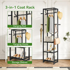 IBUYKE Freestanding Coat Rack,with 3 Shelves and 8 Hooks,Black UTMJ088B | Metal Frame,Industrial Hall Tree,Clothes Stand for Entryway, Hallway, Bedroom,Office, Living Room