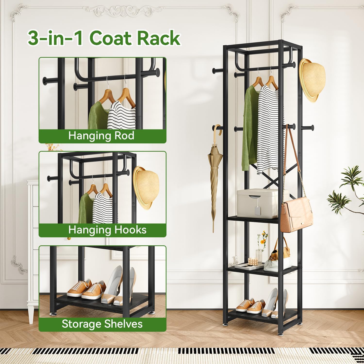 IBUYKE Freestanding Coat Rack,with 3 Shelves and 8 Hooks,Black UTMJ088B | Metal Frame,Industrial Hall Tree,Clothes Stand for Entryway, Hallway, Bedroom,Office, Living Room