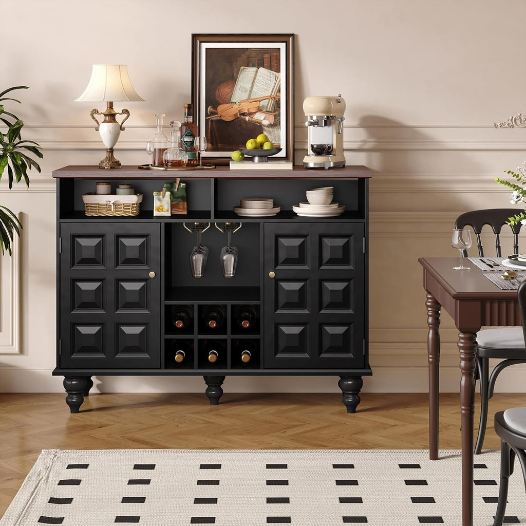 Vabches 45" Wine Bar Cabinet with Wine Rack and Glass Holder, Mid Century Modern Farmhouse Liquor Coffee Bar with Storage & Retro Square Doors, Sideboard Buffet Cabinet for Kitchen Dining Room, Black