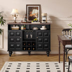 Vabches 45" Wine Bar Cabinet with Wine Rack and Glass Holder, Mid Century Modern Farmhouse Liquor Coffee Bar with Storage & Retro Square Doors, Sideboard Buffet Cabinet for Kitchen Dining Room, Black