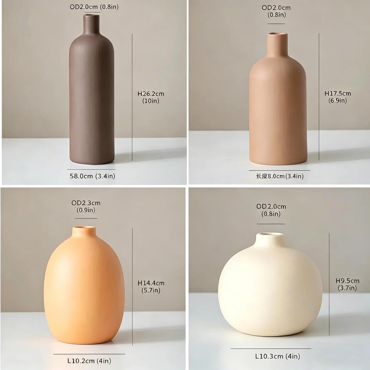 Neutral Boho Ceramic Decorative Vase Set, Modern Matte Minimalist Vases for Shelf, Coffee Table, Living Room & Fireplace Mantel Decor