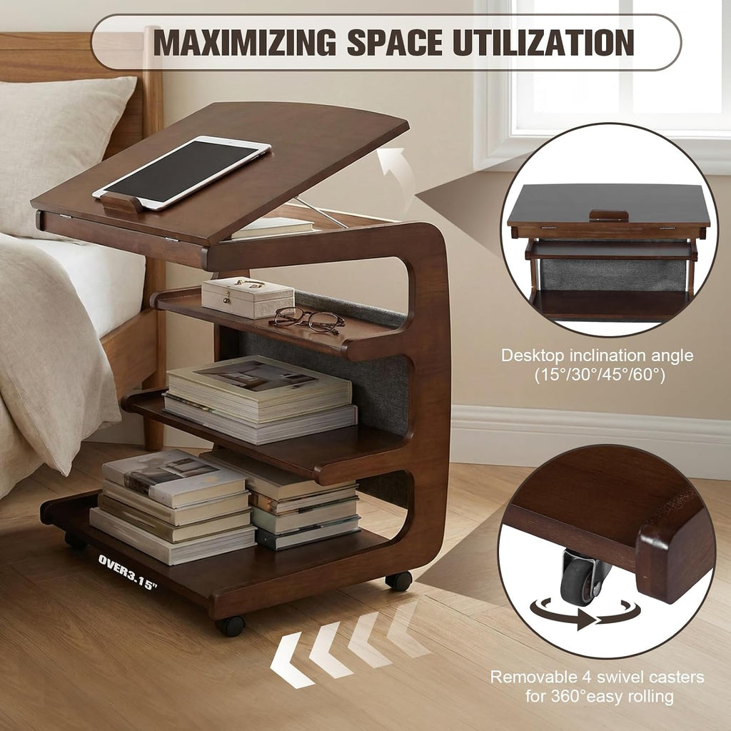 Wooden C-Shaped End Table with 2 Lockable Wheels 4-Tier Small Side Table with Storage Bag Adjustable Desktop 360 Degree Swivel TV Tray for Living Room Bedroom Use