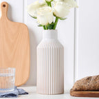 STHIE Beige Ceramic Vase, 8 Inch Rustic Farmhouse Minimalist Vases Home Decor, Small Pampas Grass Vases for Table Living Room (White)