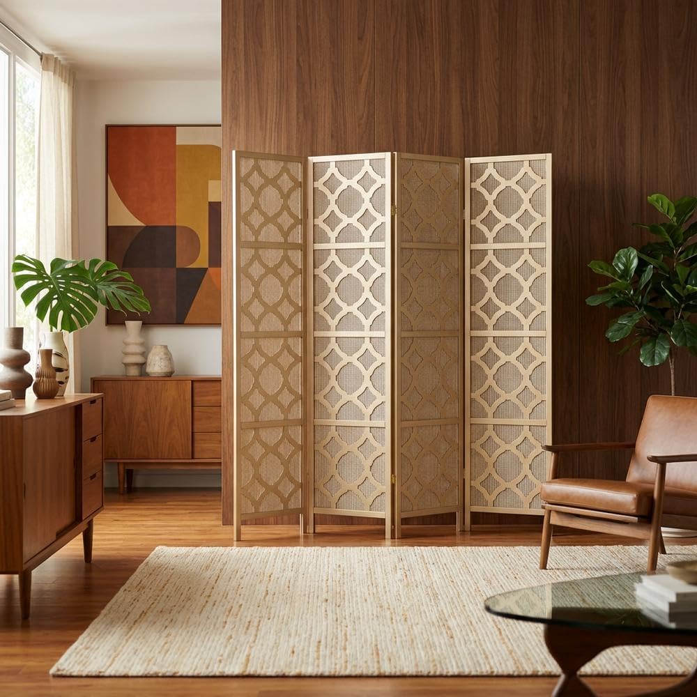 FurniFact Gold 4-Panel Wood Room Divider, Folding Screen, Fabric Panels, Diamond Design, Transitional Style, 70 Inch, Freestanding