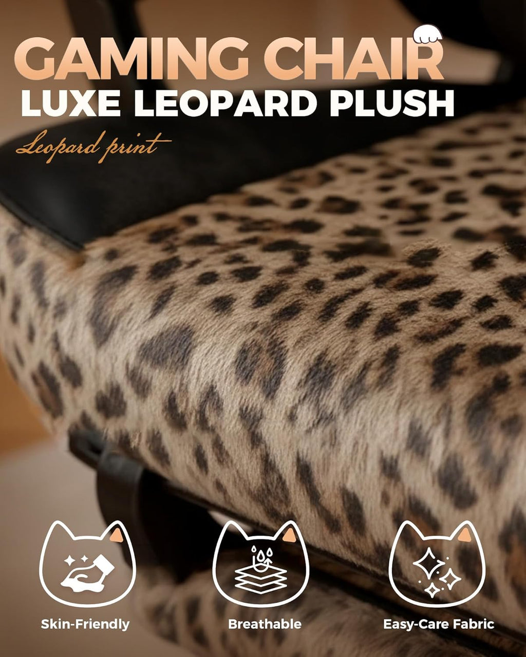 GTPLAYER Gaming Chair with Leopard Print Cat, Cute Velvet Fabric Ergonomic Computer Chair with Footrest Headrest and Lumbar Support, Big and Tall Comfortable Video Gamer Chair for Women Gift