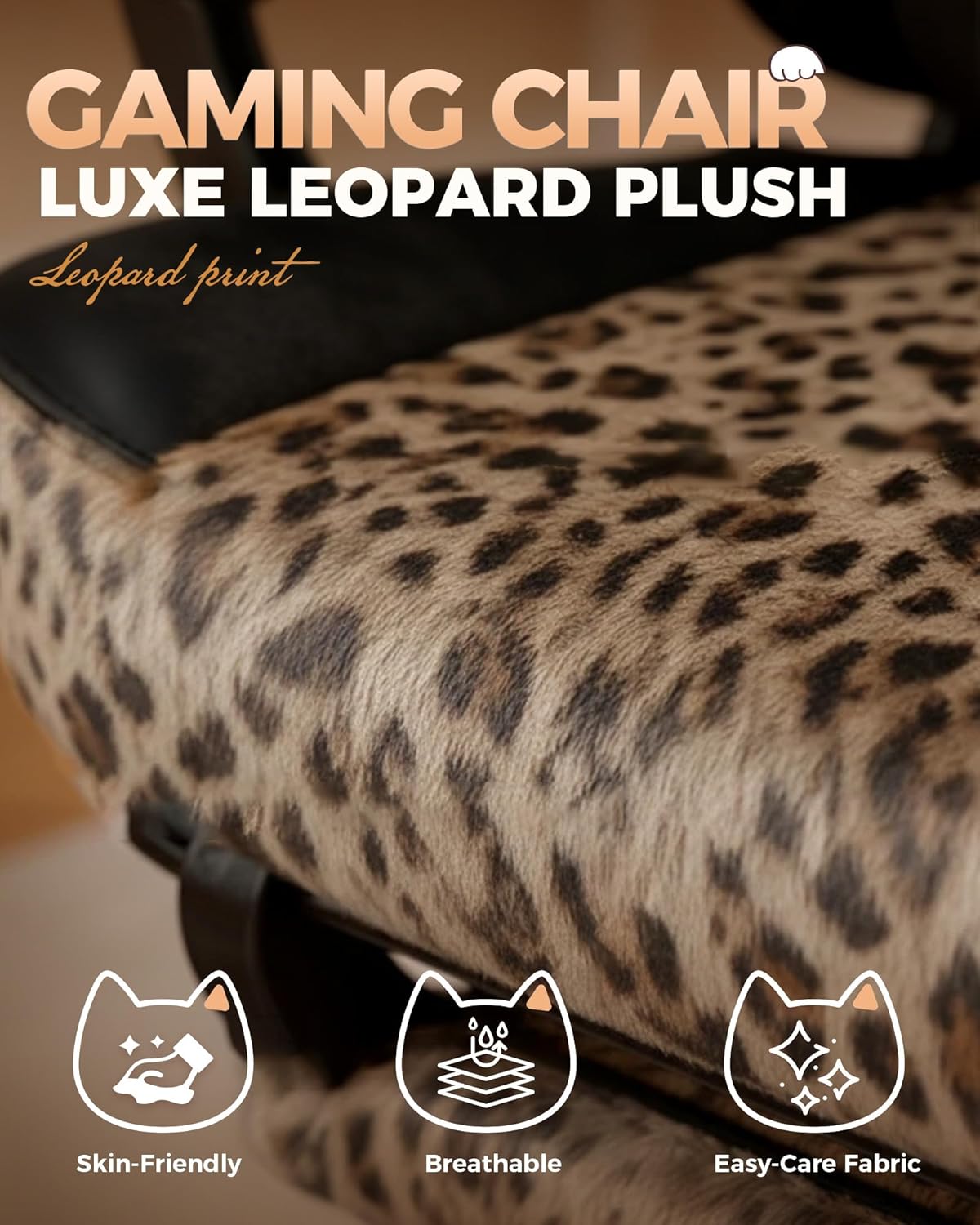GTPLAYER Gaming Chair with Leopard Print Cat, Cute Velvet Fabric Ergonomic Computer Chair with Footrest Headrest and Lumbar Support, Big and Tall Comfortable Video Gamer Chair for Women Gift